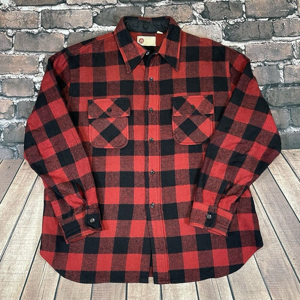 Vintage 70s Sears Kings Road Wool Flannel Buffalo Plaid Button Shirt Men Size XL